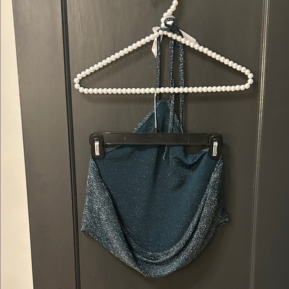 Sparkly Dark Green and Silver Halter Crop Top - Picture 2 of 2